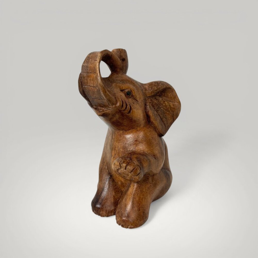 Hand Carved Wooden Elephant Figurine Raised Trunk Wood Statue